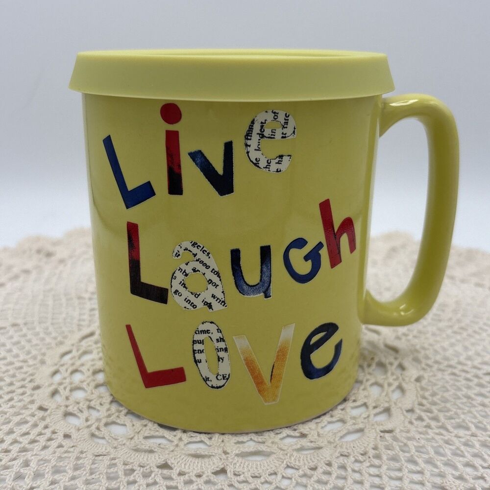 The Old Pottery Company Large "Live Laugh Love" Ceramic Mug with Lid - 20oz